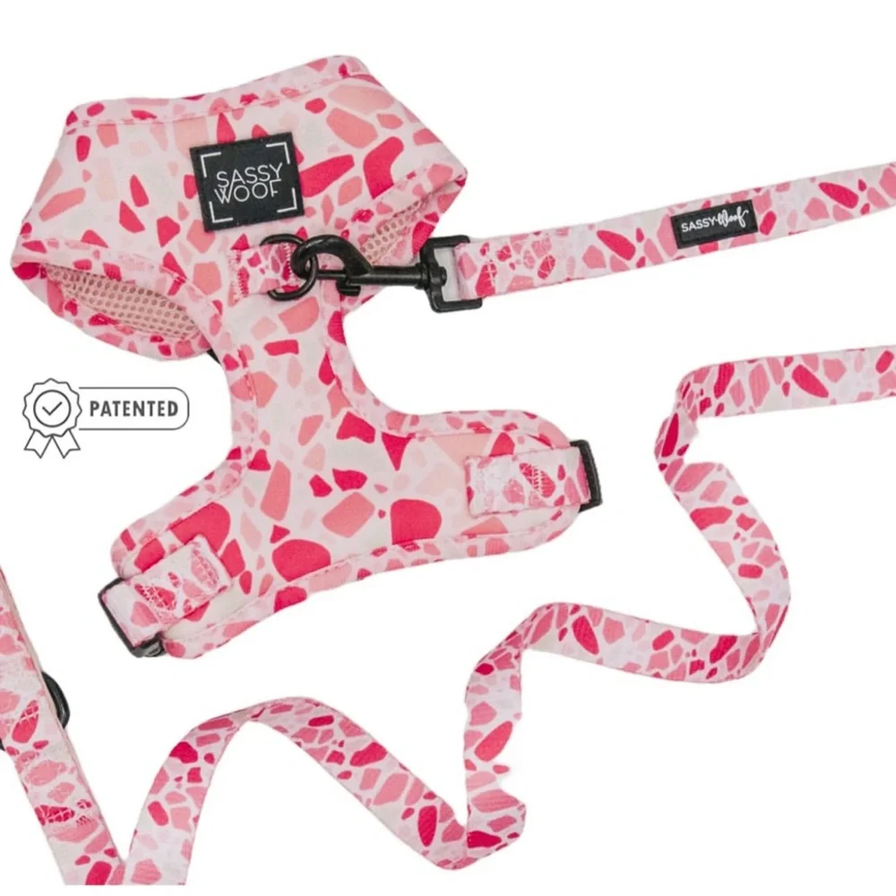 Sassy Woof Pink Terrazzo Adjustable Dog Harness & Leash Set